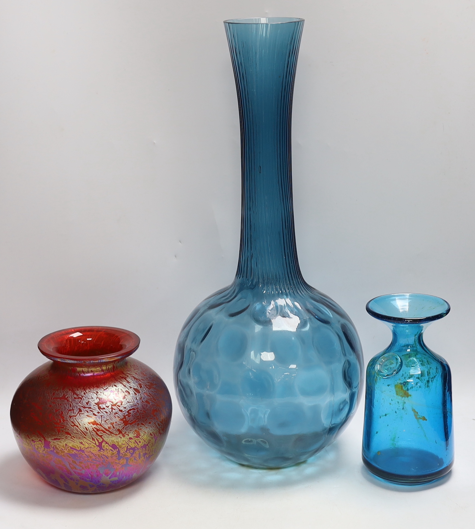 Nine pieces of art glassware including Royal Brierley vase and Wedgwood paperweight, largest 49cm high